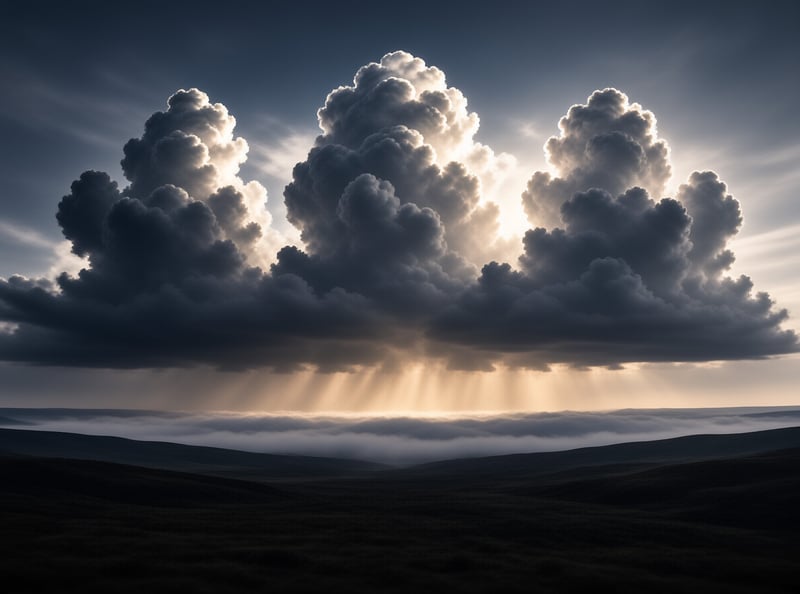 Massive dark clouds fill the sky as beams of light shine down onto a mist-covered terrain below.