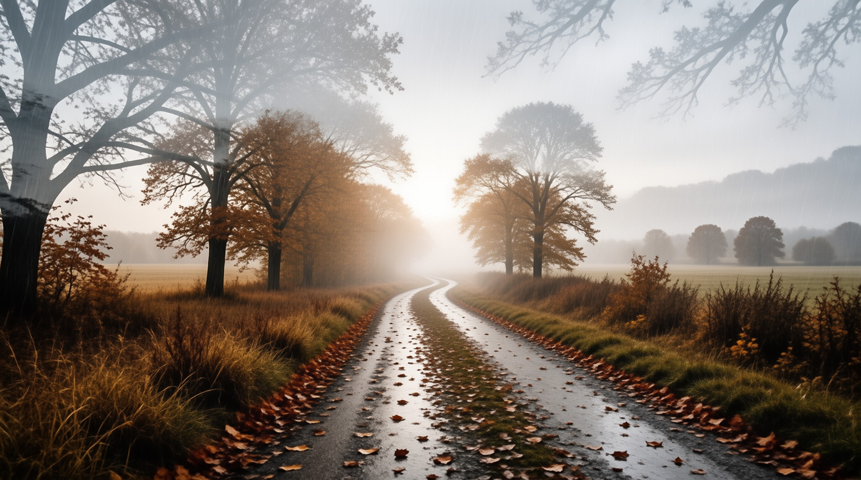 Wet country road curves through foggy woods filled with orange autumn trees and scattered leaves.