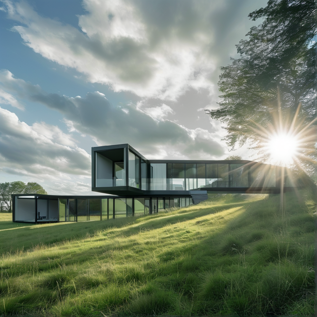 A modern structure with expansive glass surfaces sits on a green slope as intense sunbeams burst from behind trees.
