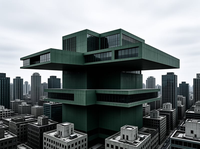 A multi-tiered teal angular building rises over a desaturated grey urban skyline under flat overcast skies.