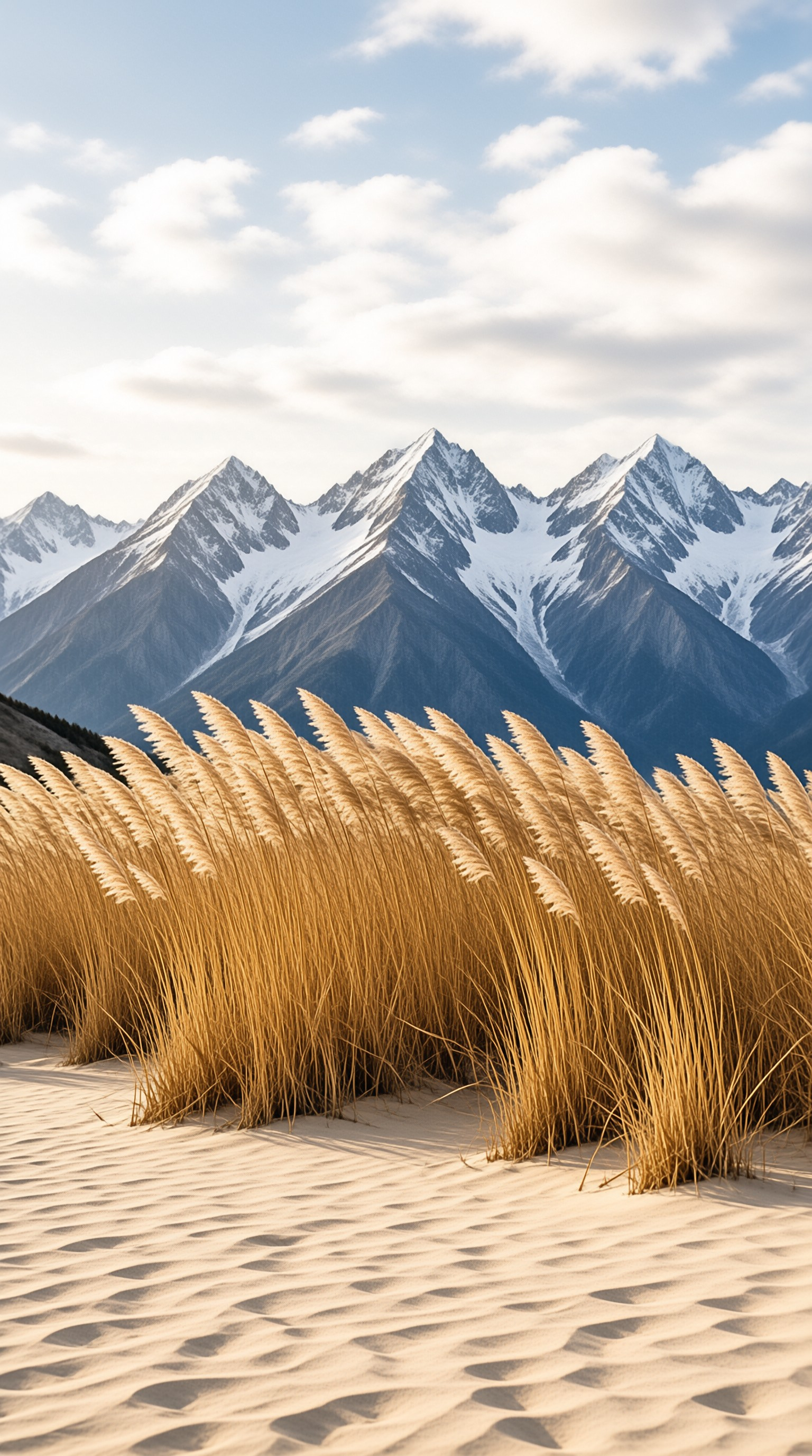 Golden Grass and Snowy Peaks