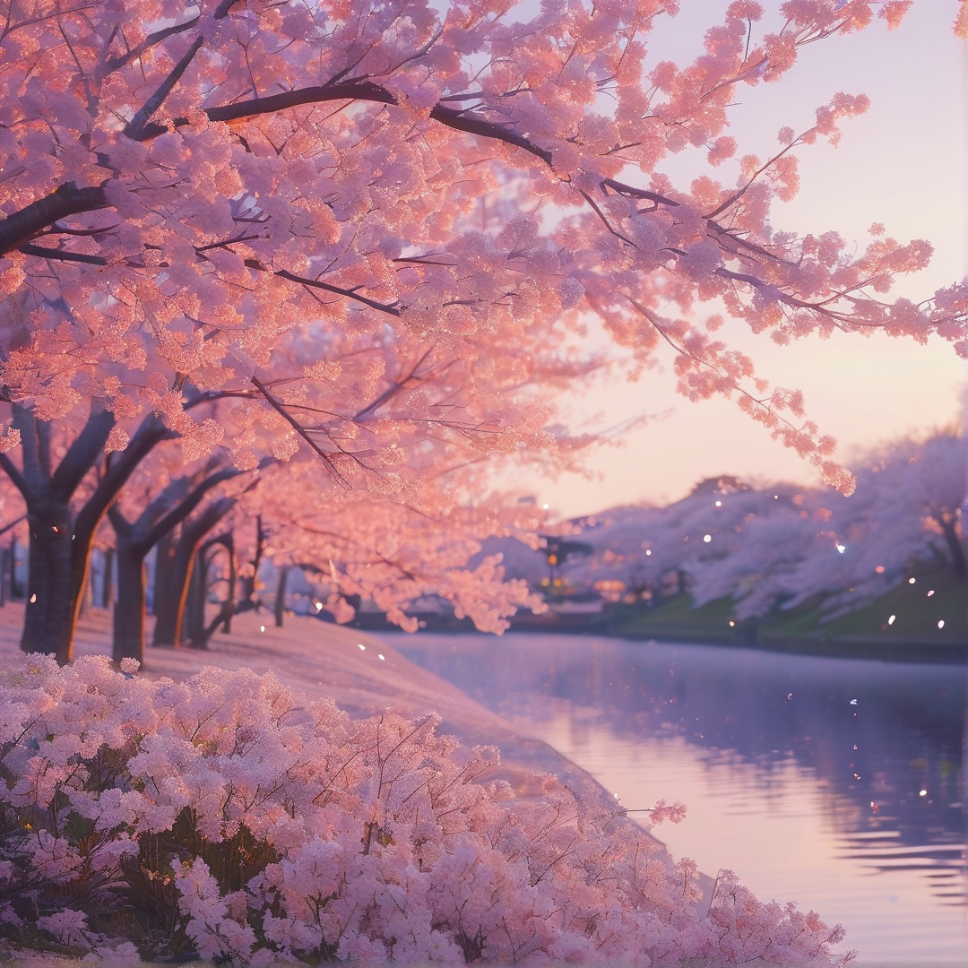 Cherry Blossom Riverside Landscape