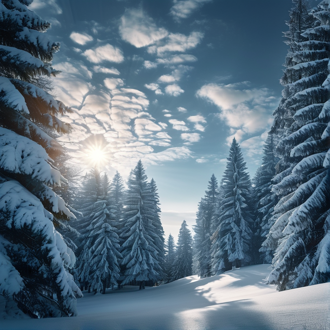 Sunlit Snowy Forest