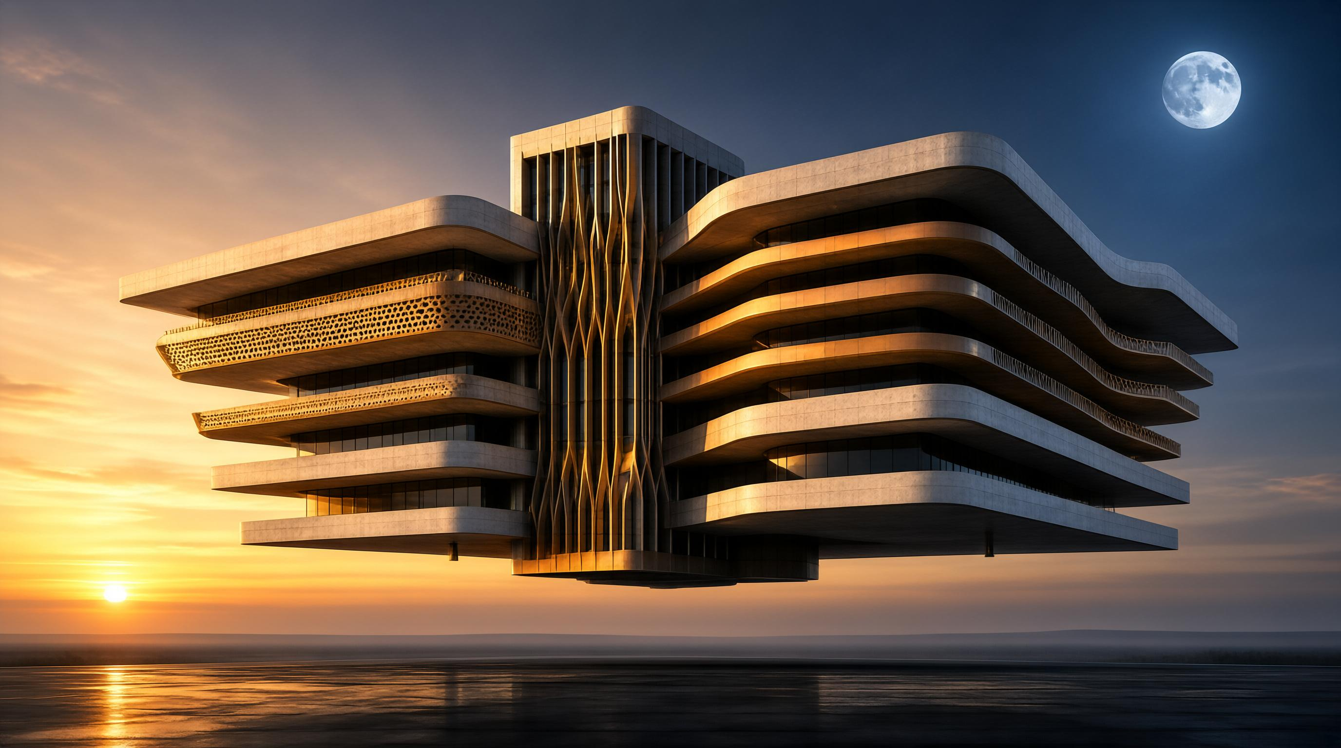 Floating Modern Building at Sunset