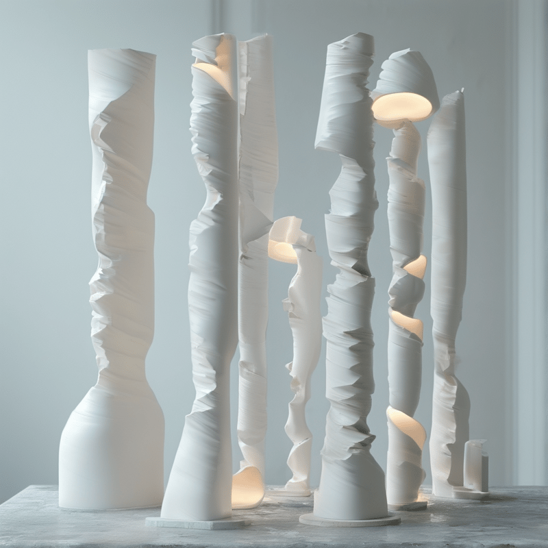 White vertical art pieces stand on a grey surface while soft yellow light shines from within their hollow bodies.