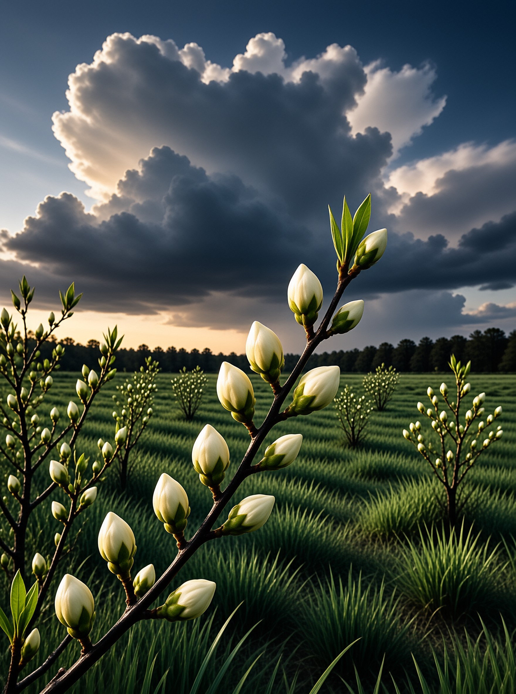 Magnolia Buds Under Clouds