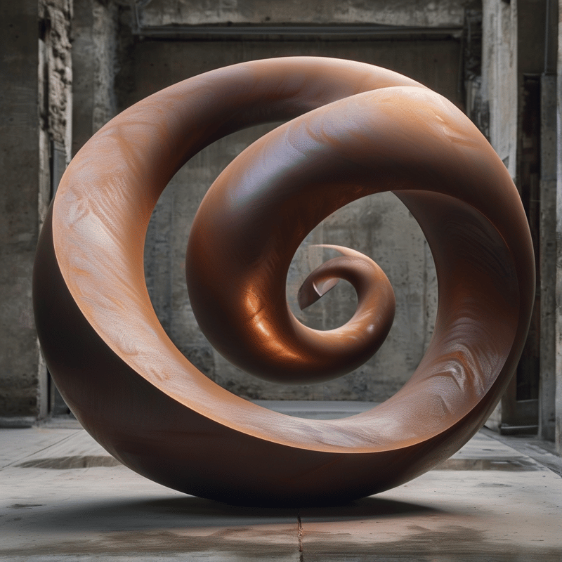 A large curved brown object resembling wood grain rests on a grey concrete floor within an unfinished industrial interior.