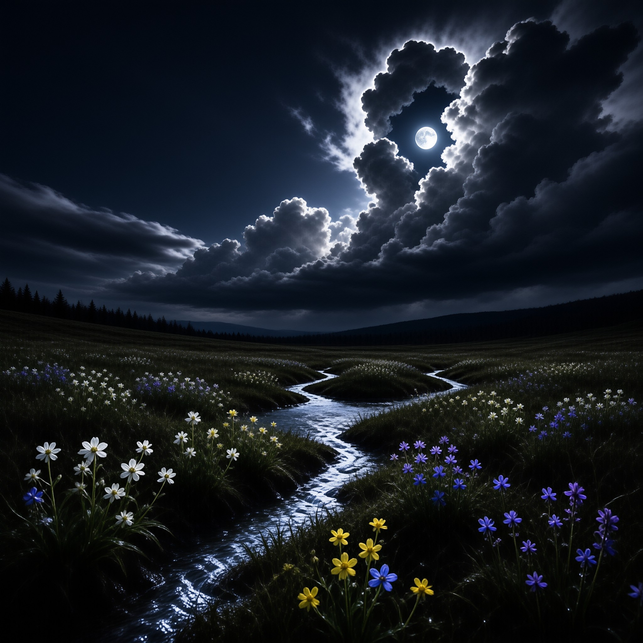 A dark landscape shows a winding creek reflecting moonlight while colorful wildflowers bloom in the foreground under dramatic clouds.