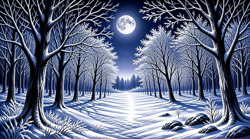 An ink-and-paper illustration shows frosted trees lining a moonlit clearing, cast in deep blue and white winter tones.