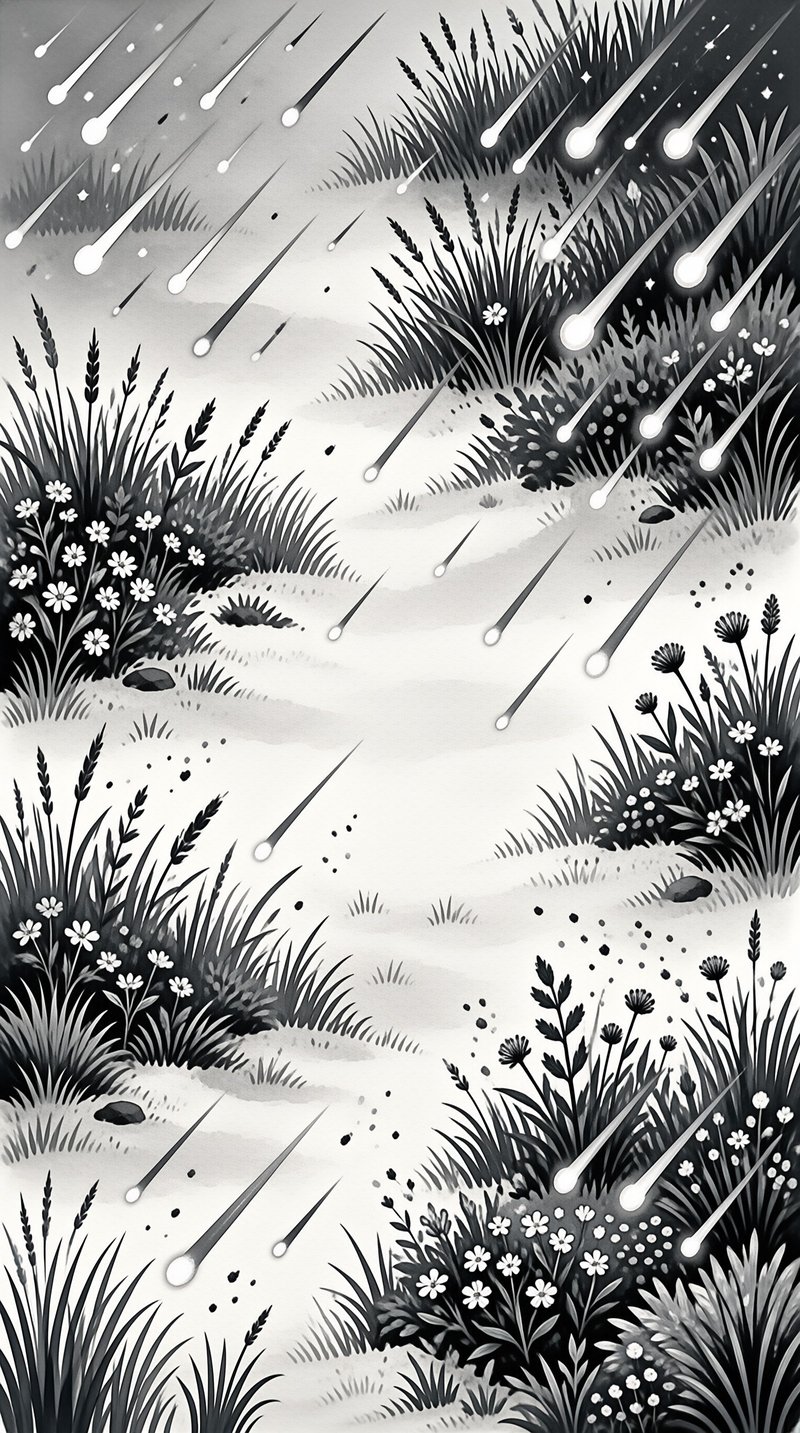 Monochrome artwork of meteors streaking into a winding river bordered by dense grass and small white daisy flowers.