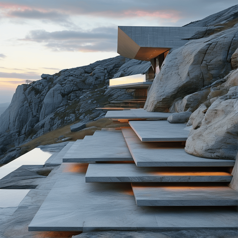 Stone slabs form a path up a rocky slope towards a house glowing from within against a soft twilight sky