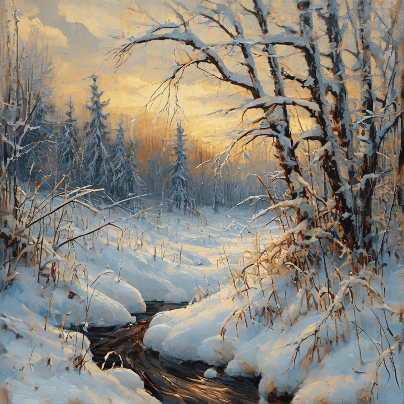 A dark river flows across a thick snowbank while towering trees reflect warm orange light in a detailed winter landscape painting