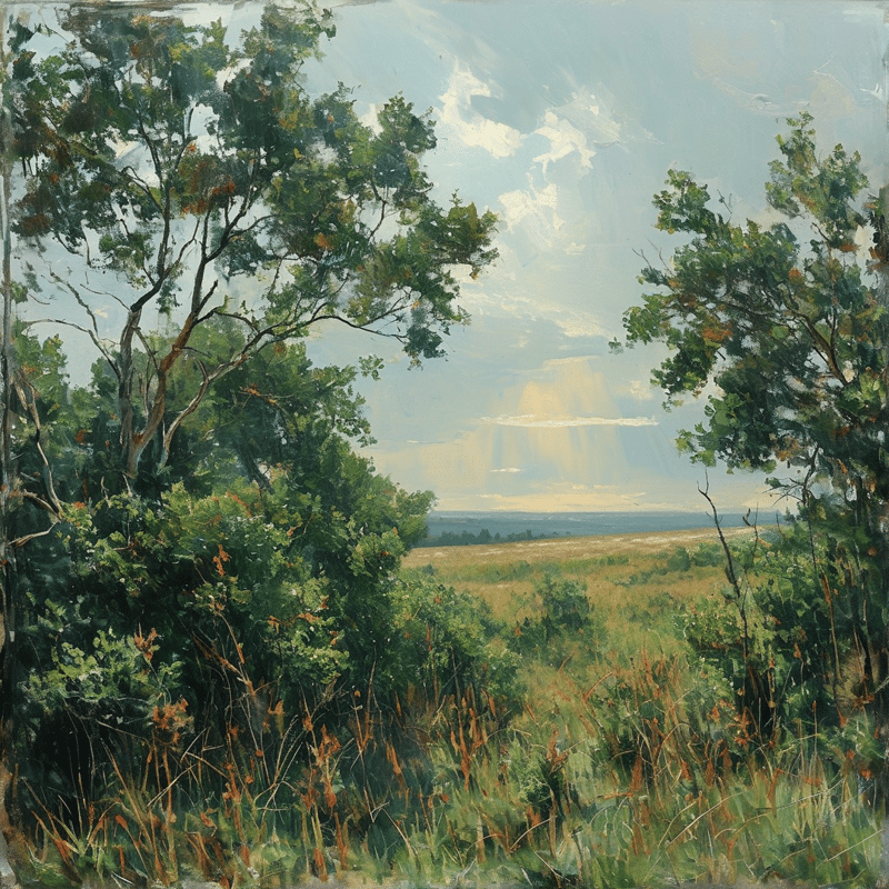 An oil painting of leafy woodland framing a sunlit open grassland under a soft pale clouded sky.