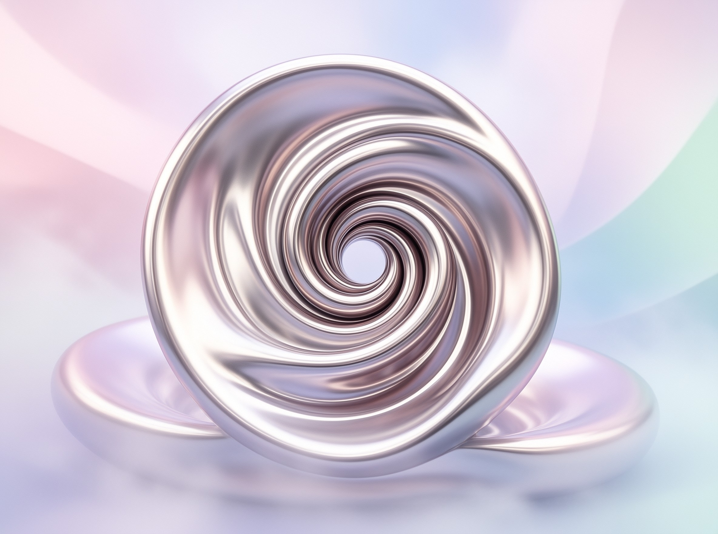 A polished metallic swirl sculpture stands on a glossy pastel pedestal against a soft gradient.