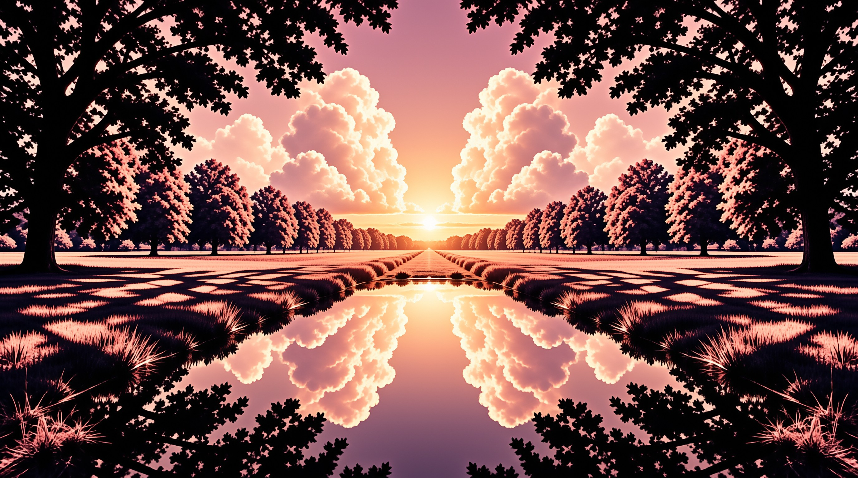 A straight water channel runs through tree lined fields while large clouds reflect on the surface during golden hour.