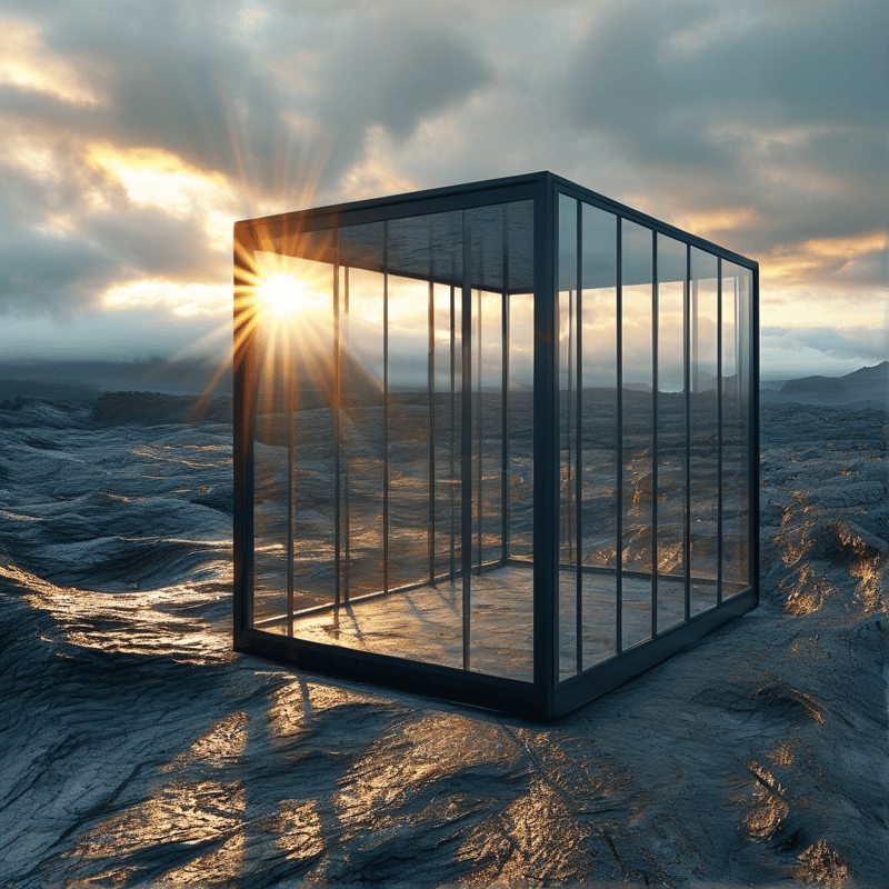 Transparent cube stands on uneven dark rock with sun shining through its side casting shadows on the desolate ground.