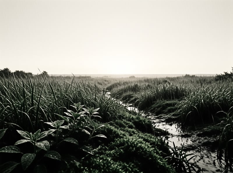 A narrow water path winds through dense marsh grasses and leafy plants towards a distant horizon under a bright sky.
