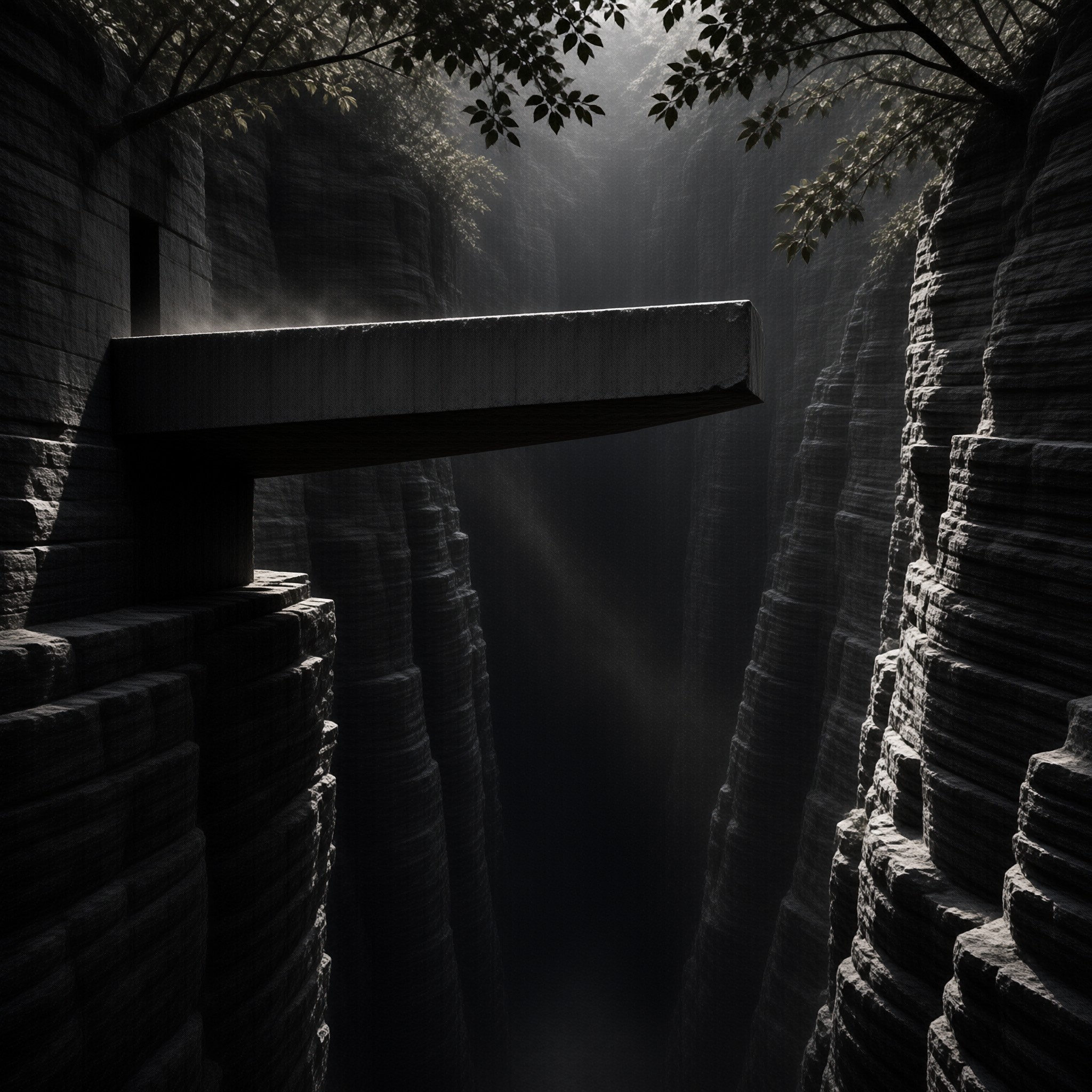 A lone concrete platform cantilevers from stratified rock walls into a fog filled gorge lit by soft beams