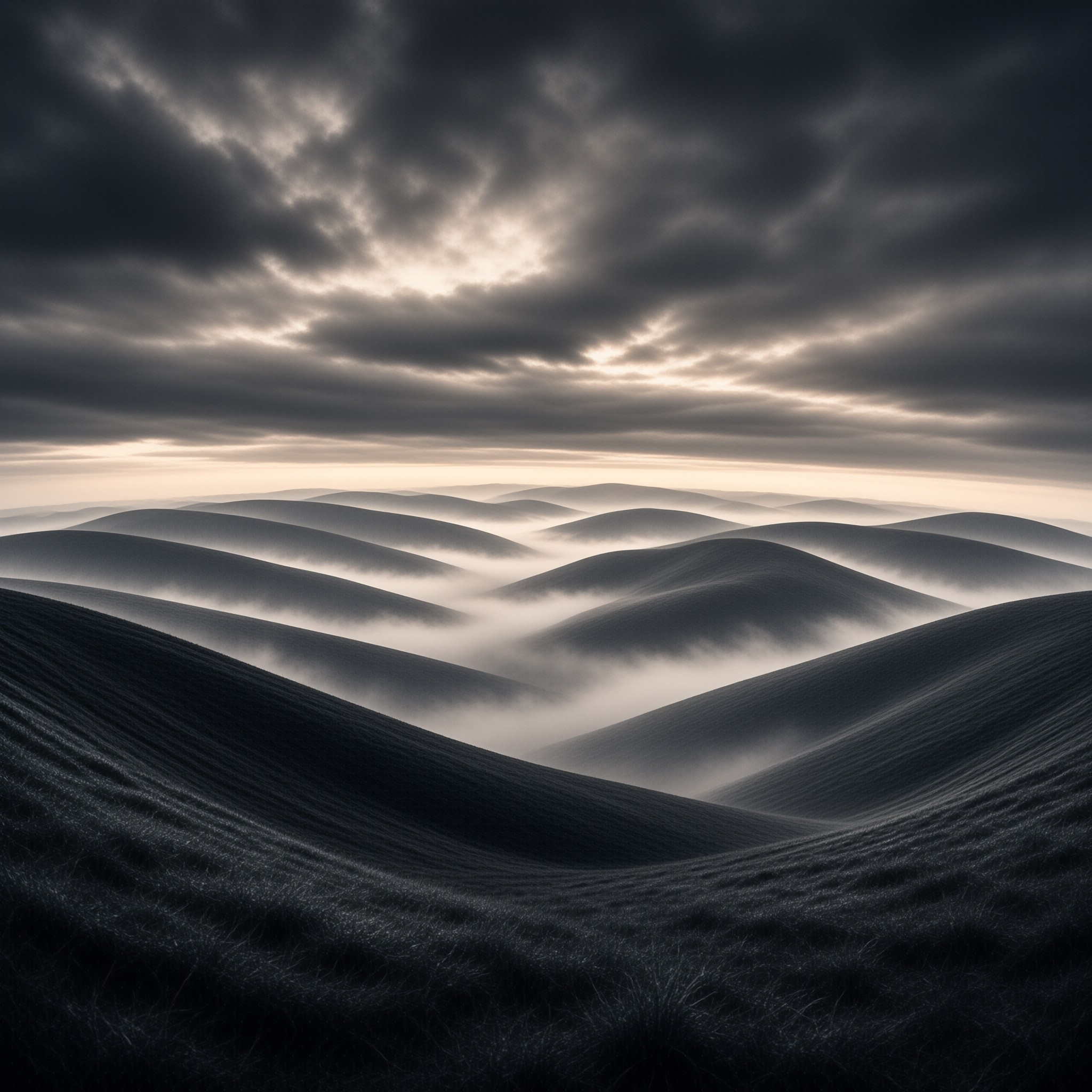 Layered dark hills rise above a thick layer of mist beneath a dramatic cloudy sky.