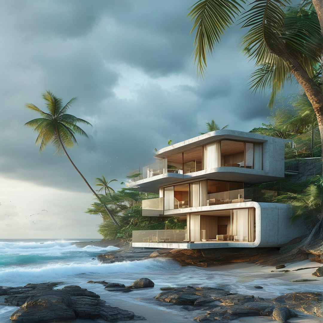 A white multi-story villa sits on a cliff overlooking the ocean under a cloudy sky with palm trees.