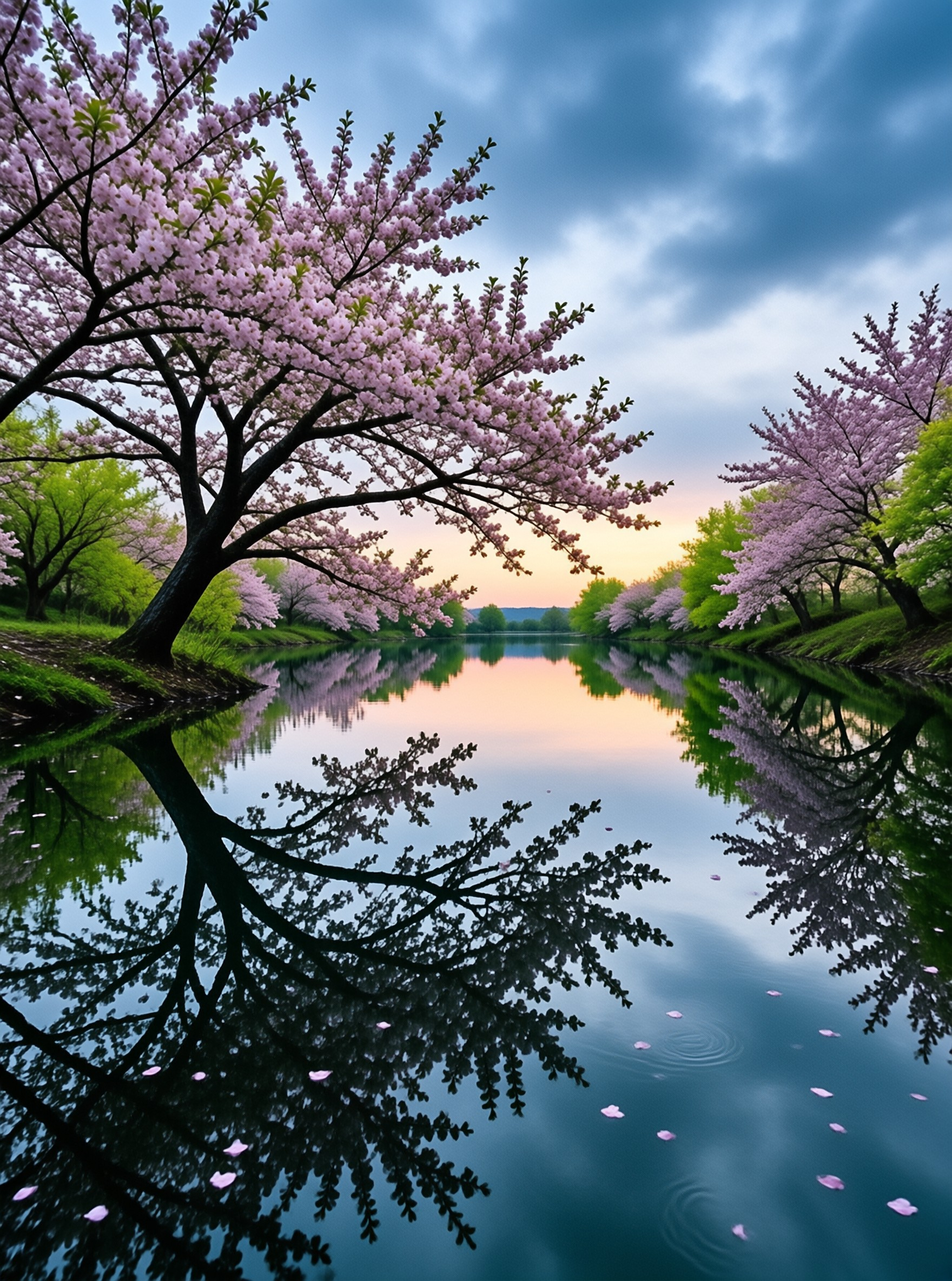 Pink cherry trees line a calm river reflecting the sunset sky and scattered petals on the water.