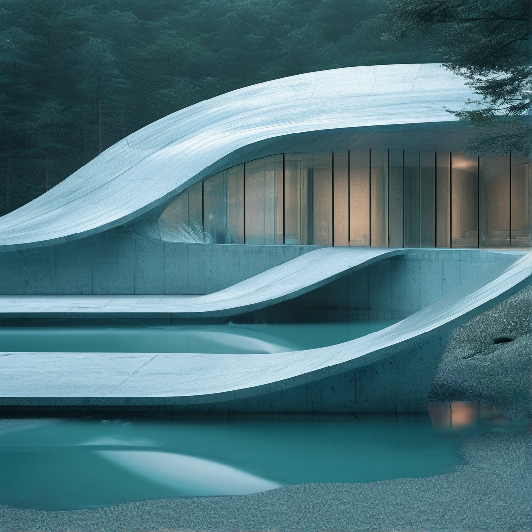A futuristic white building curves over a pool of water with warm lights inside and trees behind.