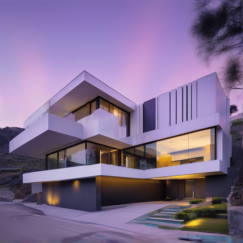 A sleek white structure with extensive glazing stands on a hillside as the sky turns shades of pink and purple.