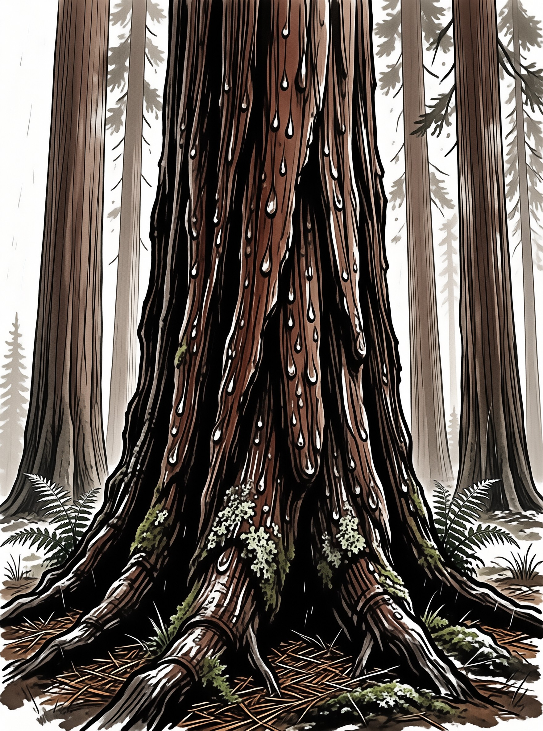 A large illustrated tree trunk dominates the frame with white droplets running down the brown bark.