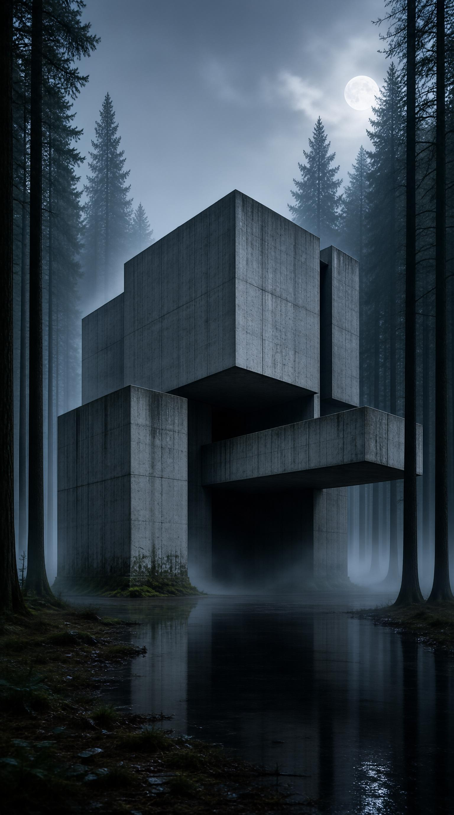 Brutalist Structure in Misty Forest