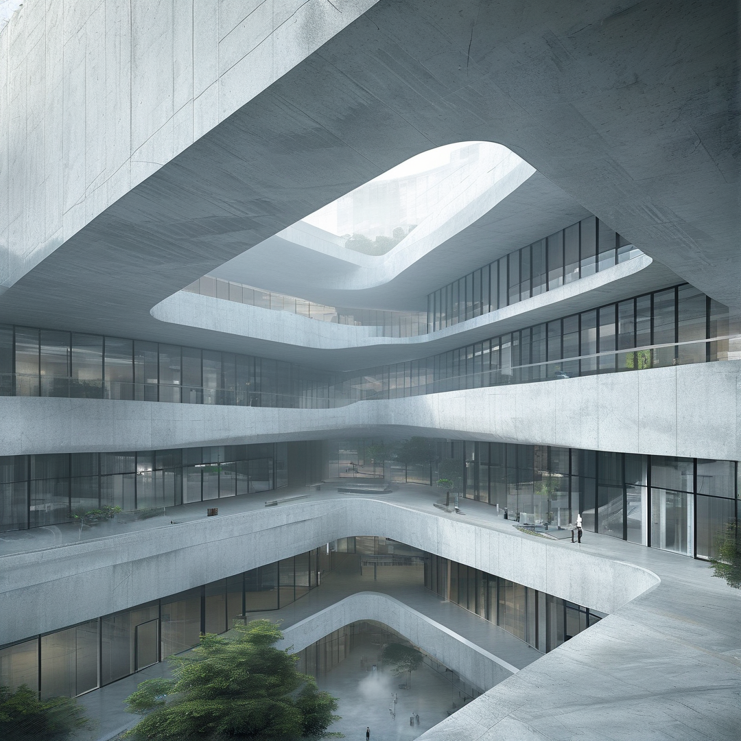 A multi-story concrete building features curved walkways and glass walls surrounding a misty courtyard with trees at the bottom level.