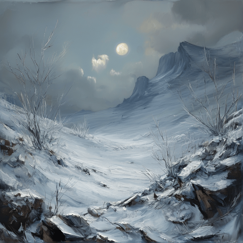Oil-painted moonlit mountainside of crusty snow and bare winter shrubs beneath a pale moon in drifting clouds.