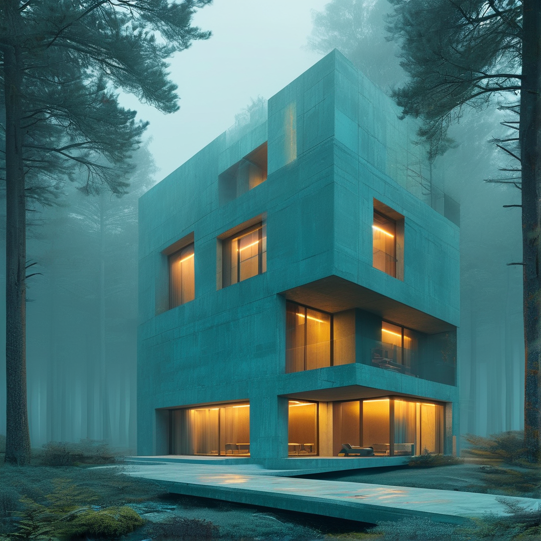 A gray concrete building stands in a foggy pine forest, glowing with warm yellow light from inside.
