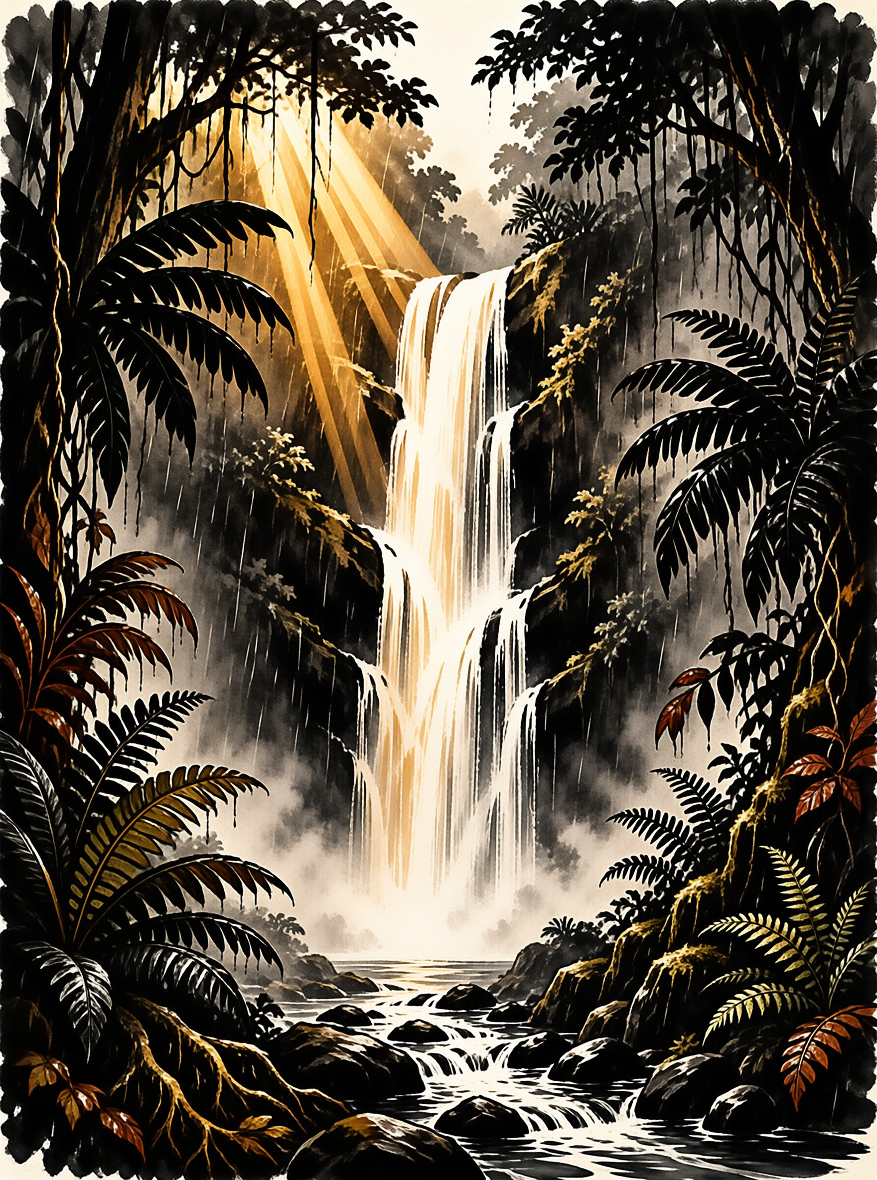 A cascading waterfall flows down rocks as golden sunlight streams through the surrounding dark jungle trees.