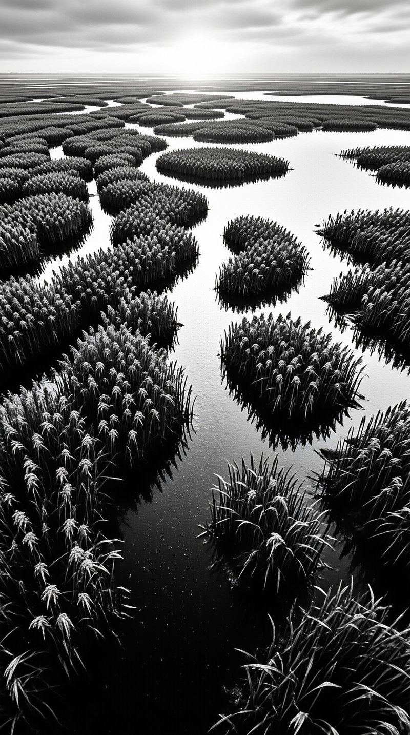 Dense reed clusters emerge from dark water, creating a maze-like pattern of channels in this monochrome wetland landscape.