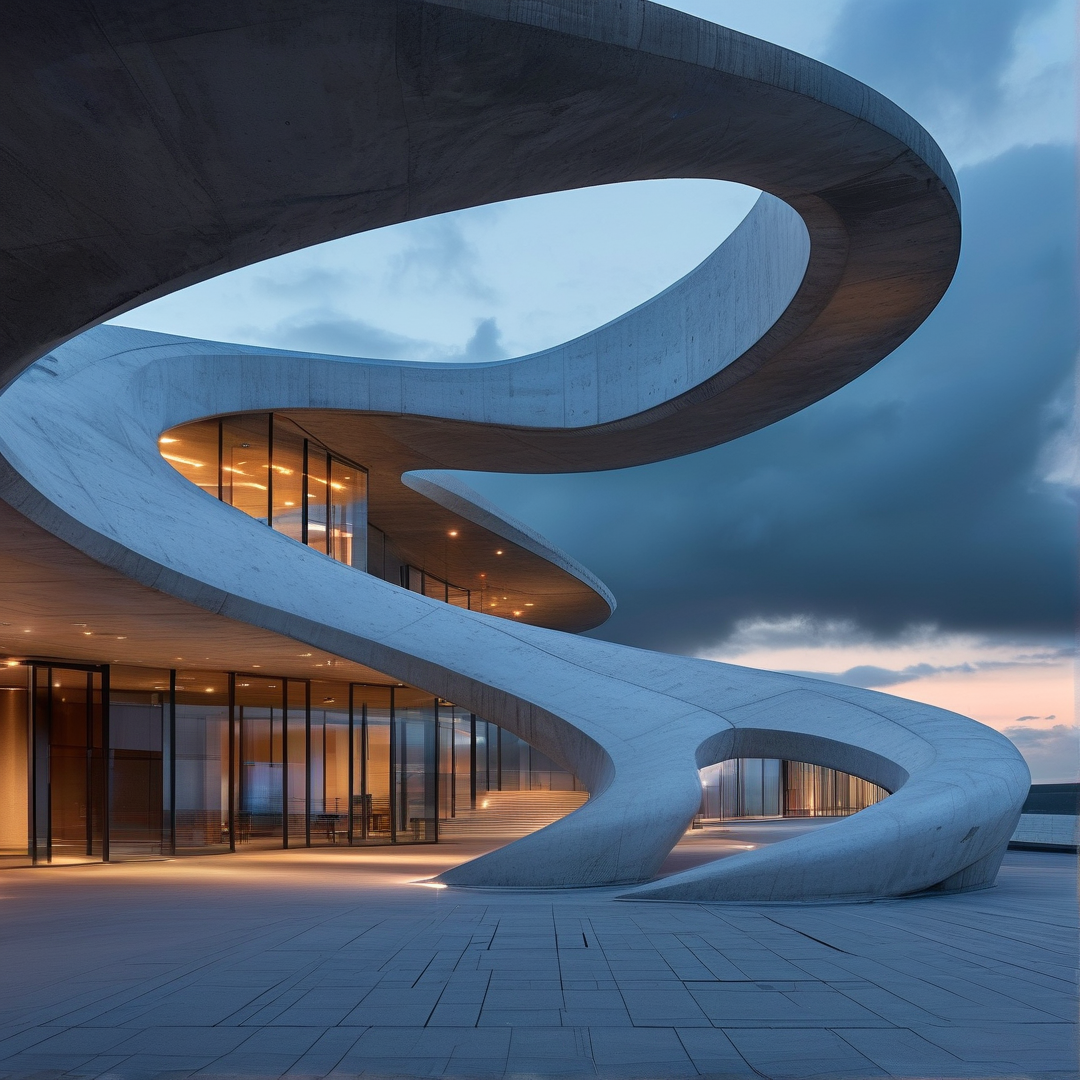 A large spiraling concrete building with curved walls and glass windows glows warmly against a dark blue evening sky.