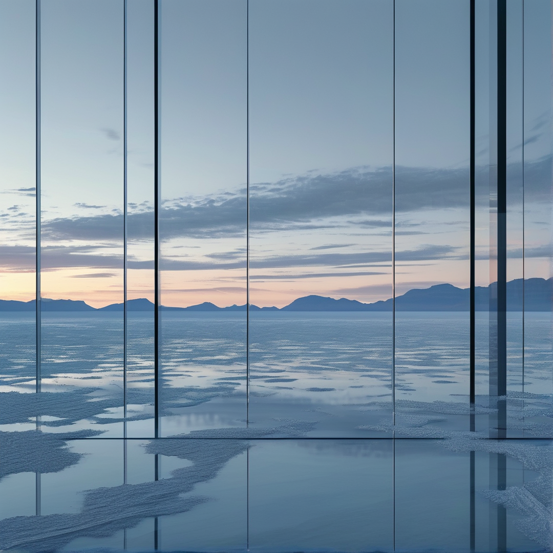 Vertical glass panels overlay a calm salt flat reflecting the sky and distant mountains during twilight