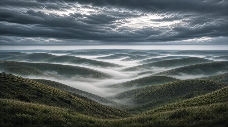 Rolling Hills and Misty Sky