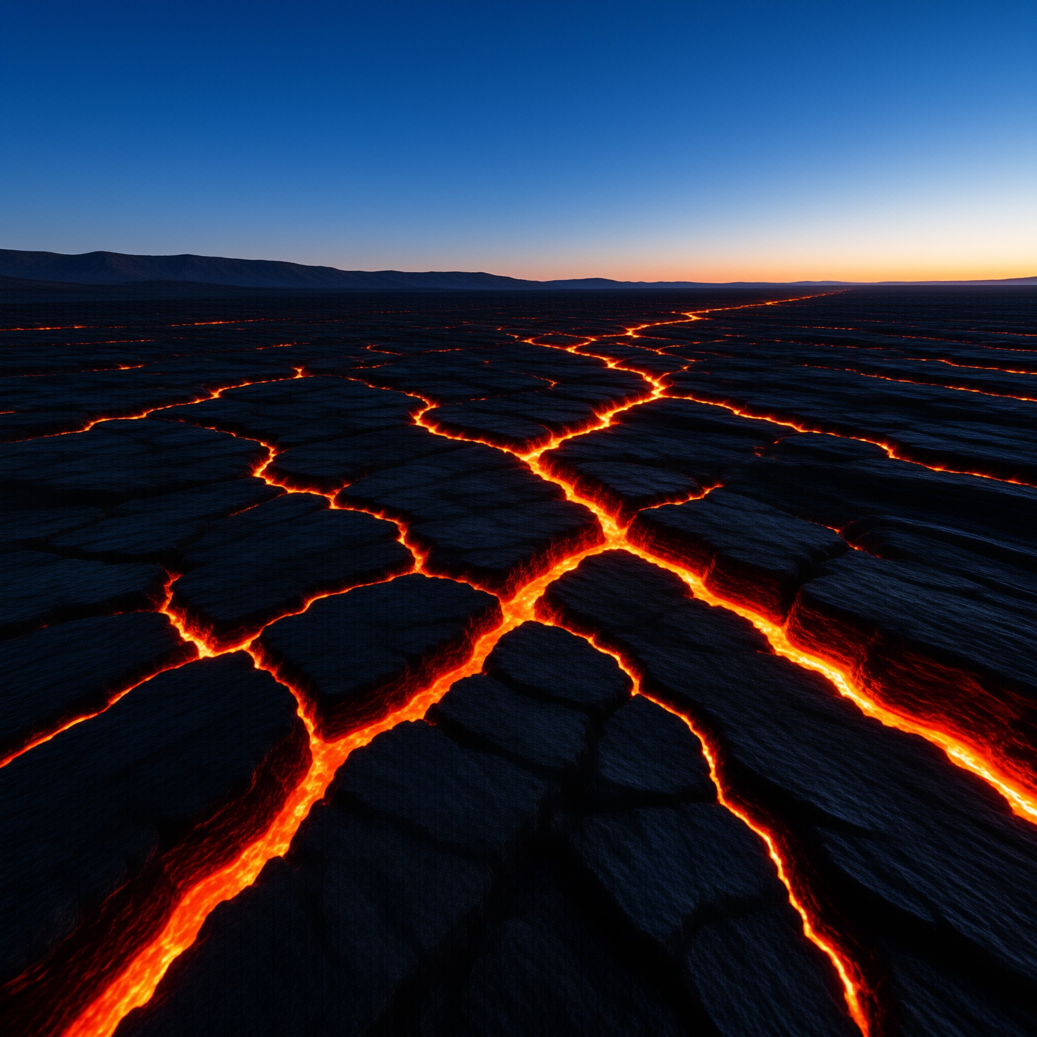 Vast cracked volcanic rock is filled with glowing orange magma lines stretching to the horizon under a dusk sky turning from blue to orange.