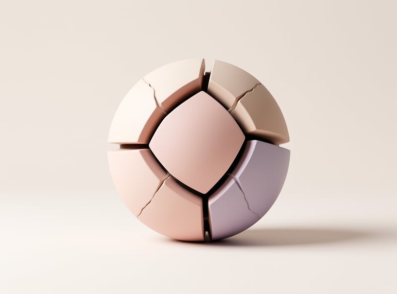 A three dimensional orb composed of interlocking pastel shards rests on a neutral beige backdrop under gentle illumination.