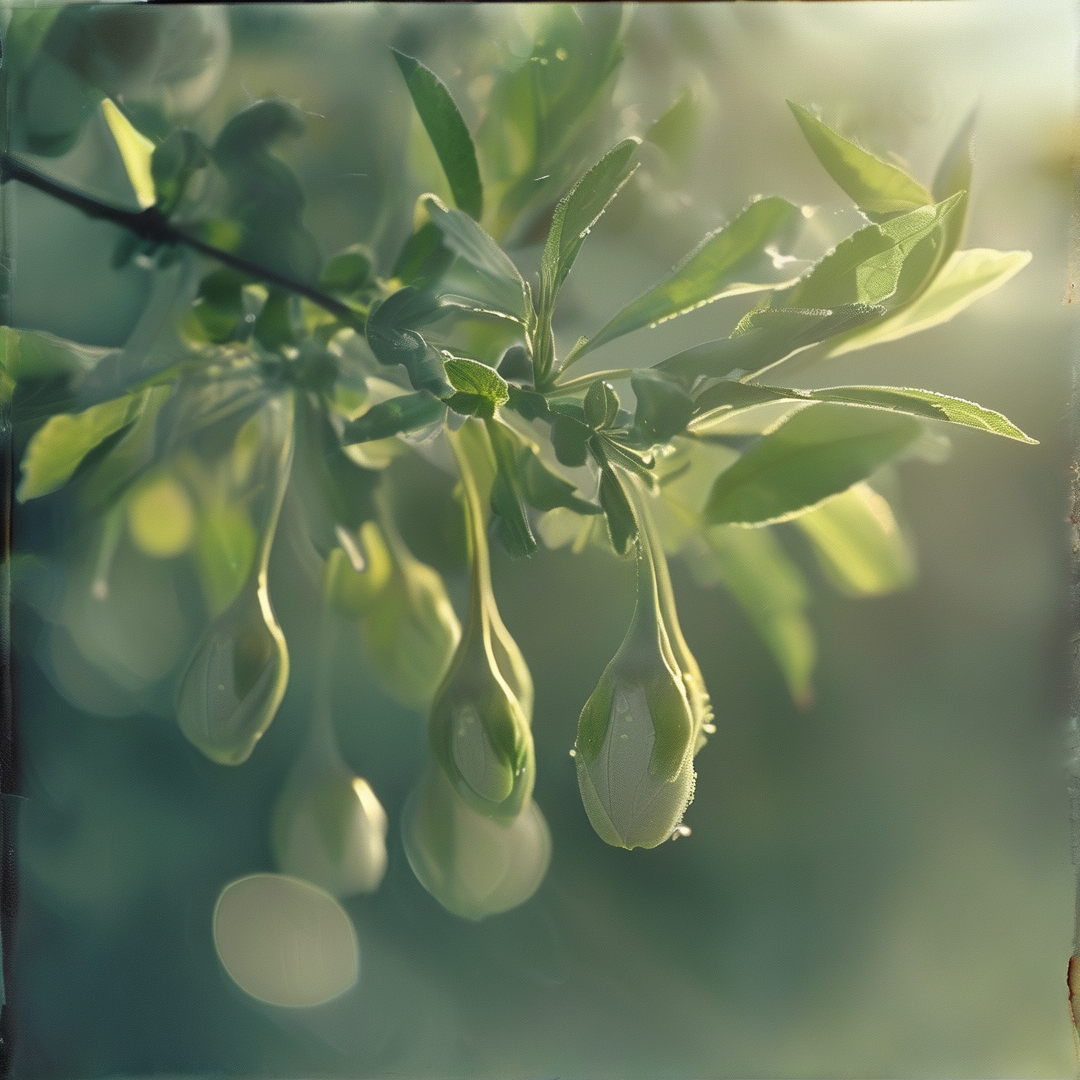 Several green flower buds hang from a leafy branch, illuminated by gentle morning sunlight that creates a soft glowing effect.