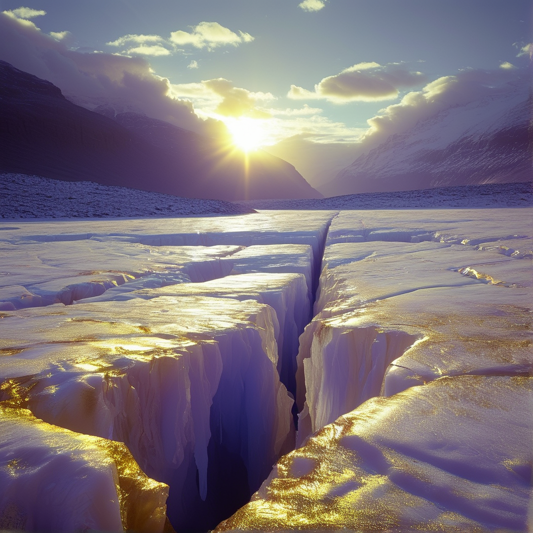 A deep crack runs through the white snow-covered ice field while the sun shines brightly between distant mountains.