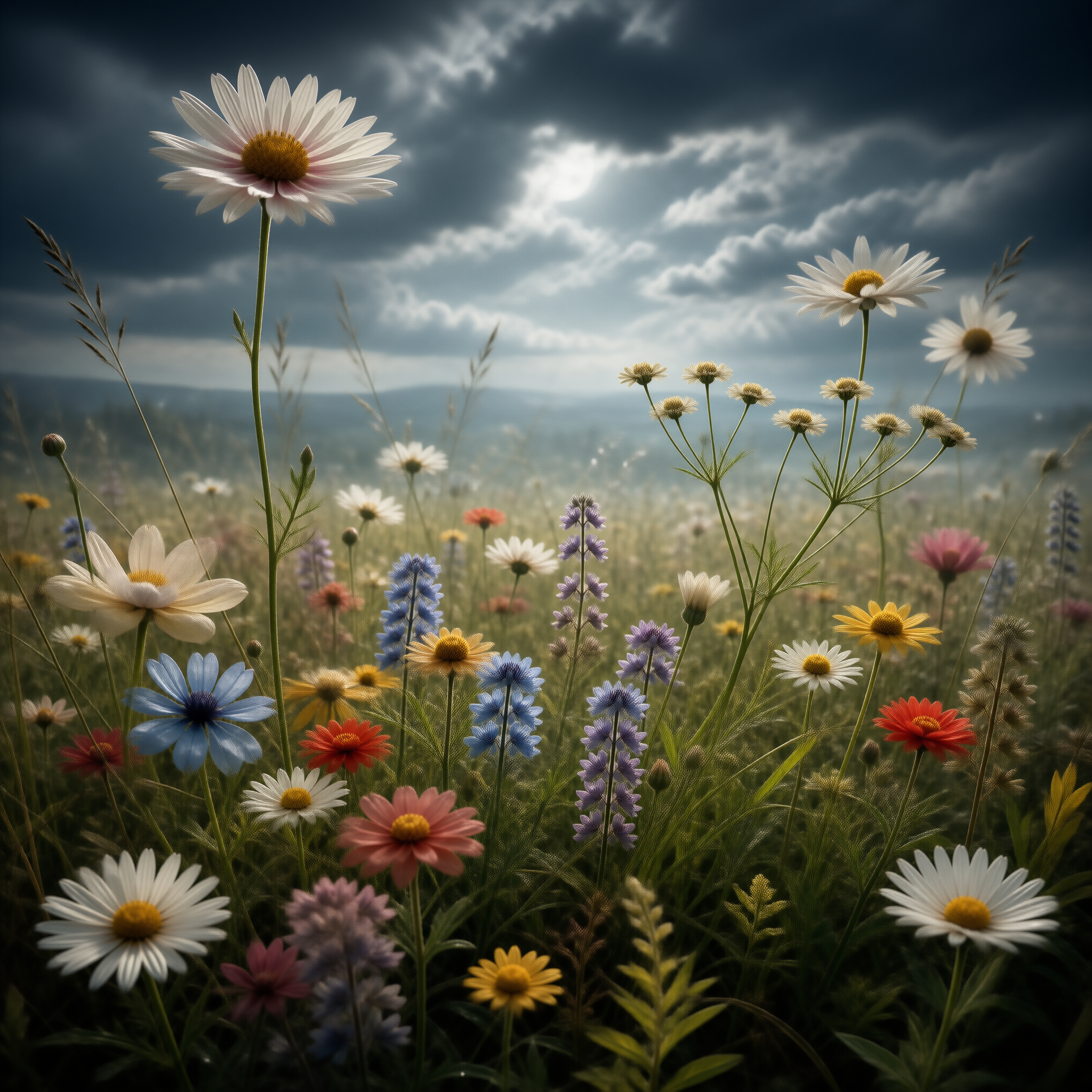Wildflower Meadow Under Storm Landscape