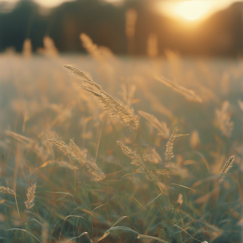 Tall grasses with feathery seed heads glow in a sunlit field during golden hour.