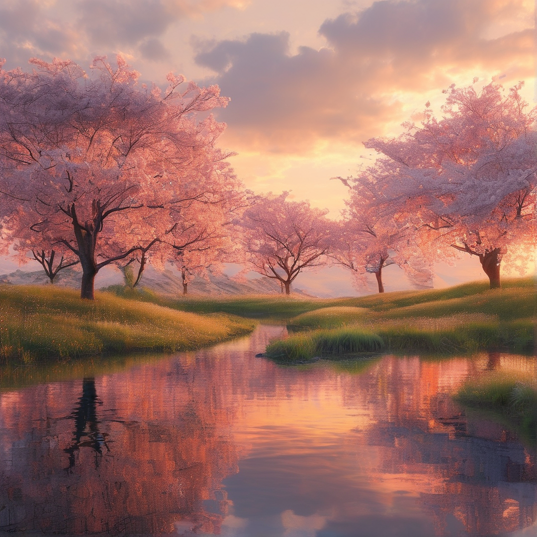 Cherry Blossom River Sunset
