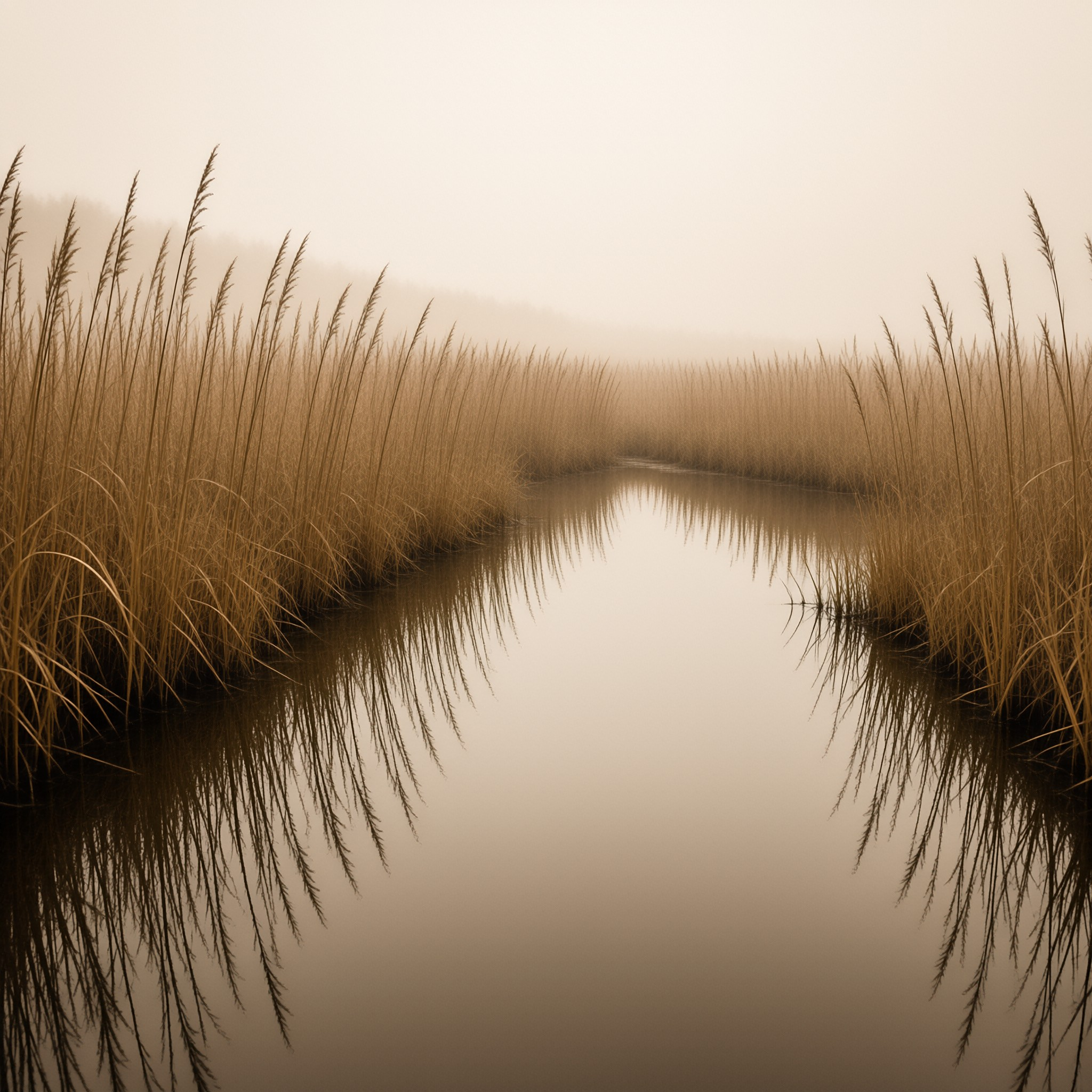 Misty River with Reeds