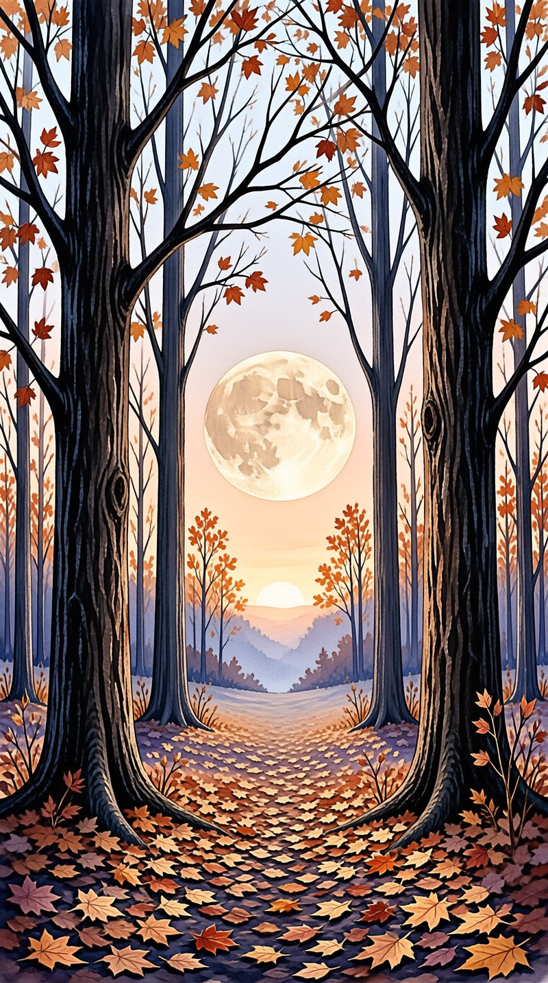 A large moon glows through an autumn forest with a path of fallen leaves.
