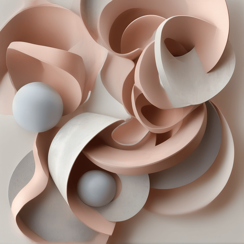 Layered peach and cream paper cutouts curve around two smooth grey spheres in a soft abstract composition.