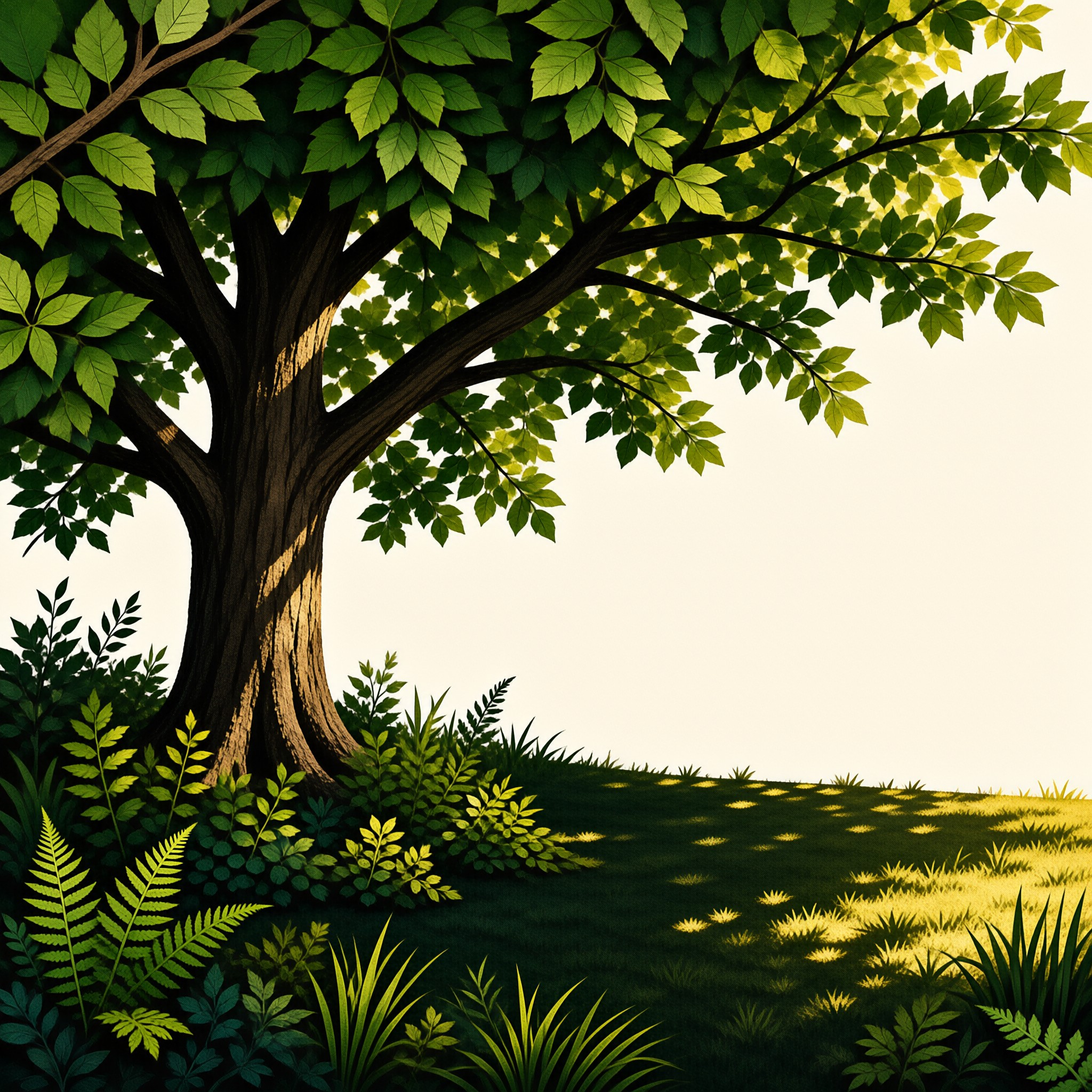 Sunlight filters through lush green leaves of a large deciduous tree standing on a sloping lawn, creating patterned shadows across the ground.