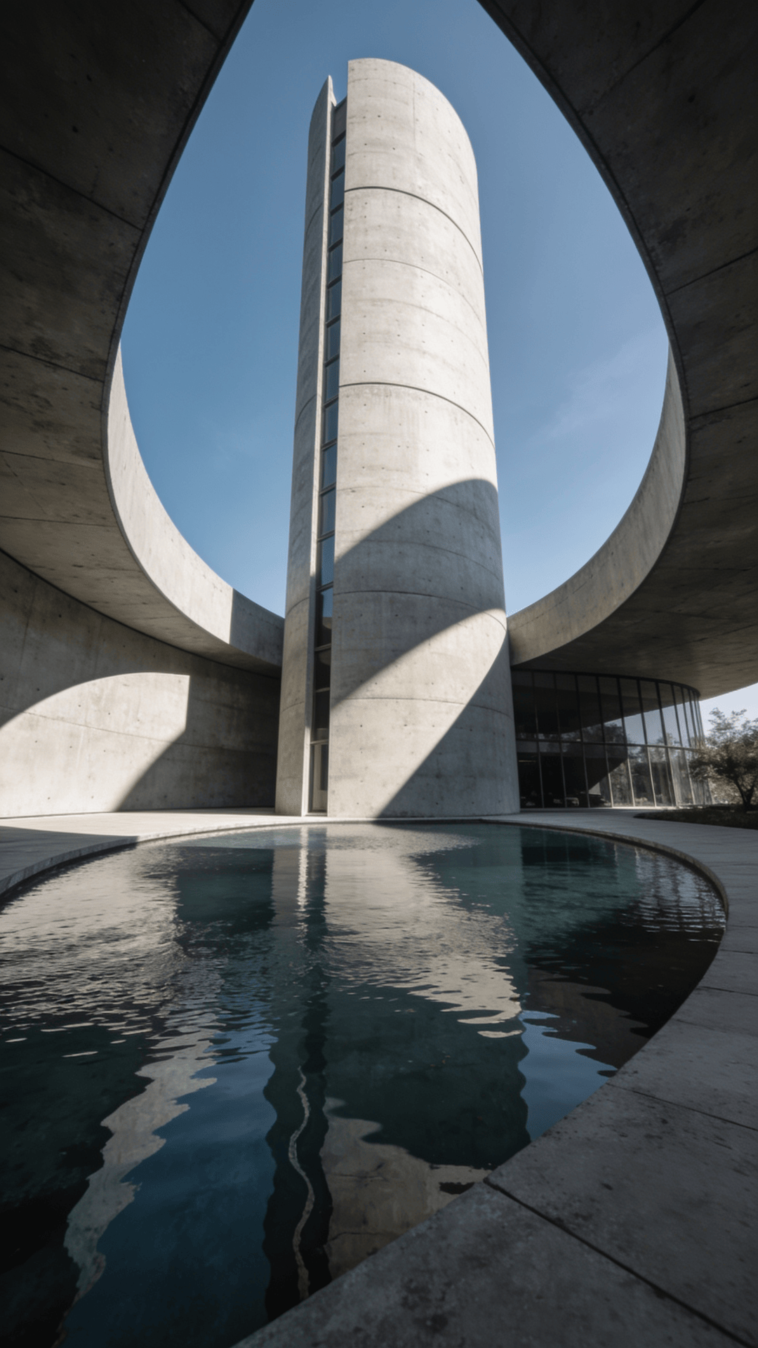 Tower with Curved Concrete — Reflecting Pool