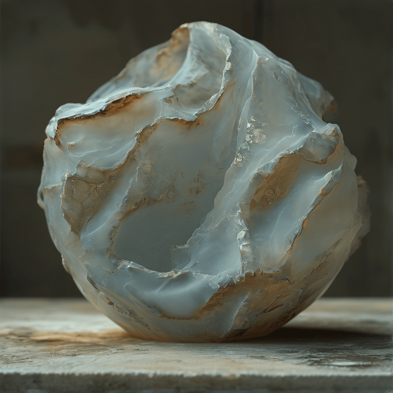 A large semi-transparent stone with blue and brown layers sits on a textured table under soft light.